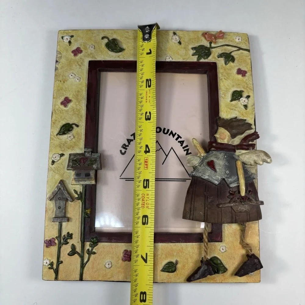 Vtg Crazy Mountain Resin Picture Frame Country Folk Art Angel Birdhouses 3D